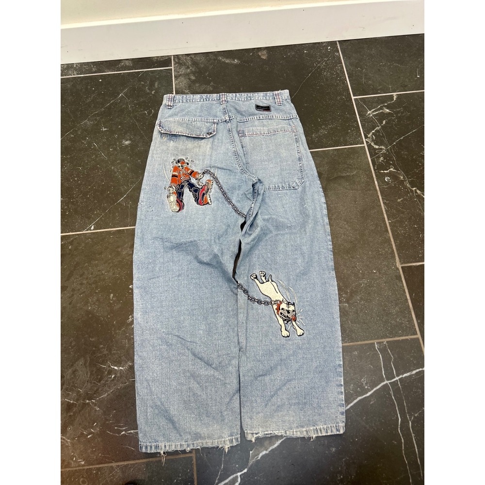 Vintage Paco Jeans Baggy Wide Leg Denim Light Wash Embroidered Bulldog 34x30 Y2K